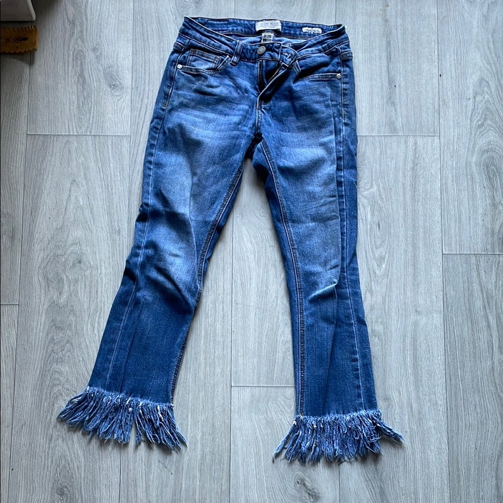 Judy Blue Flare Jeans with Fringed Hem in Classic Blue